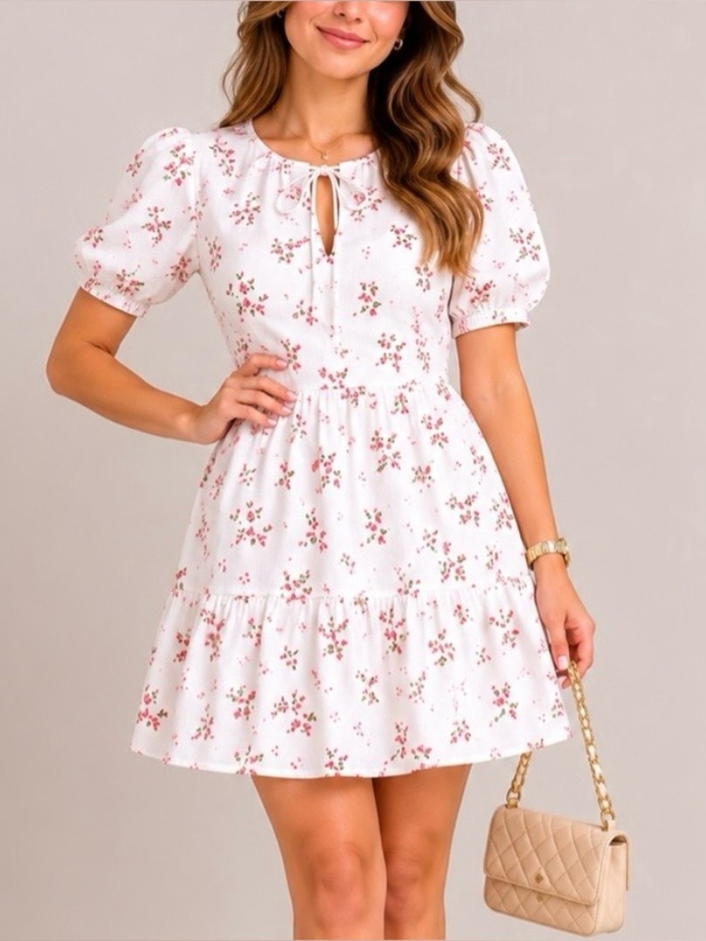 CECE White Floral Dress with Pink Blossoms NWT